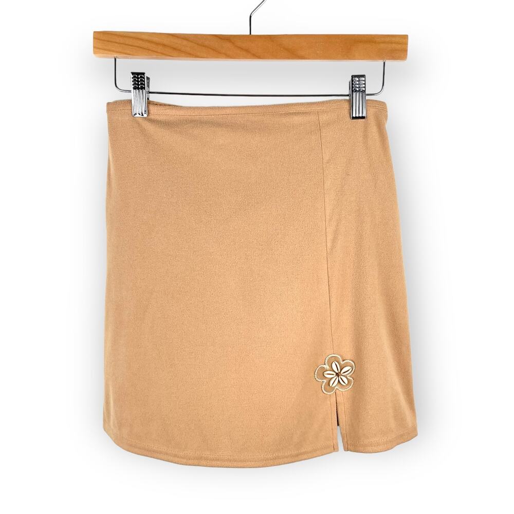 90s Vintage Amy Byer Skirt Large Tan Cream Mini Beaded Seashell Coastal Coastal